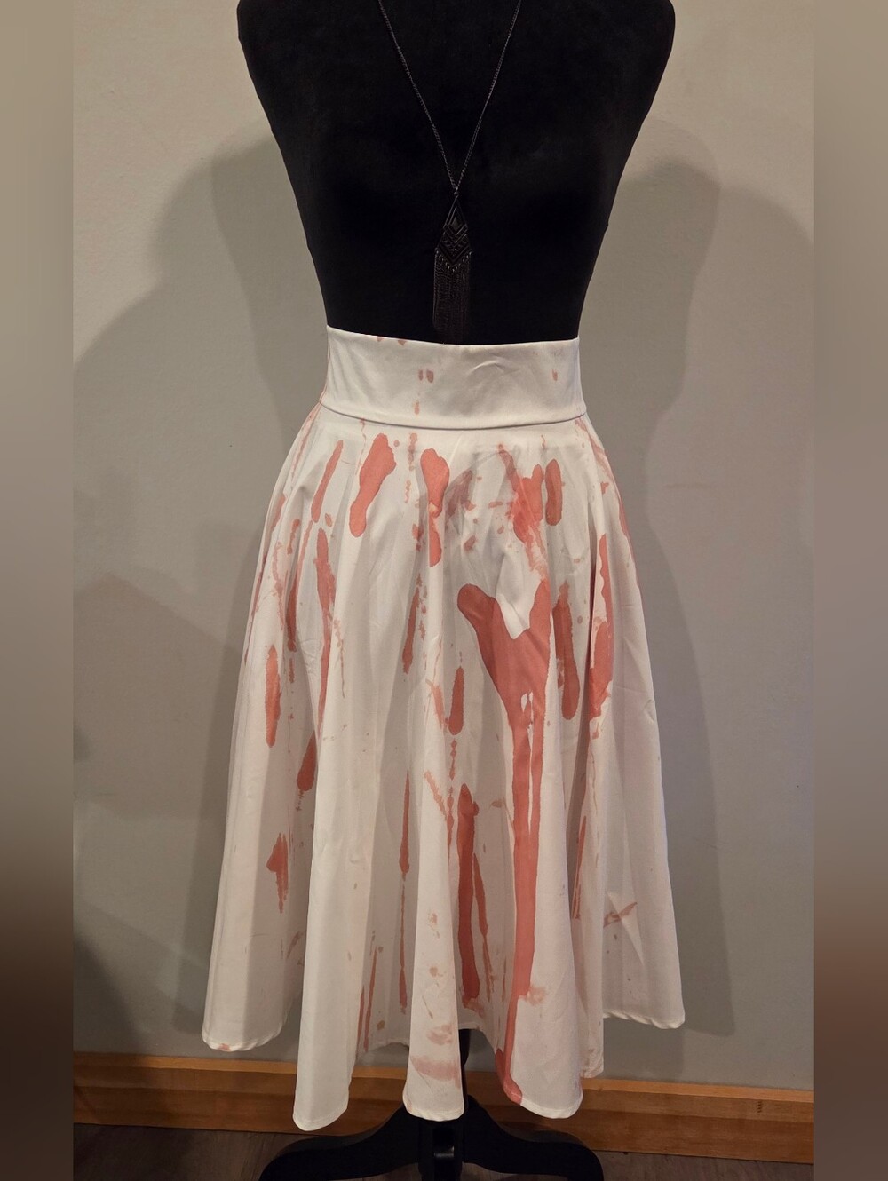 White Midi Skirt with Blush Paint-Splash Print